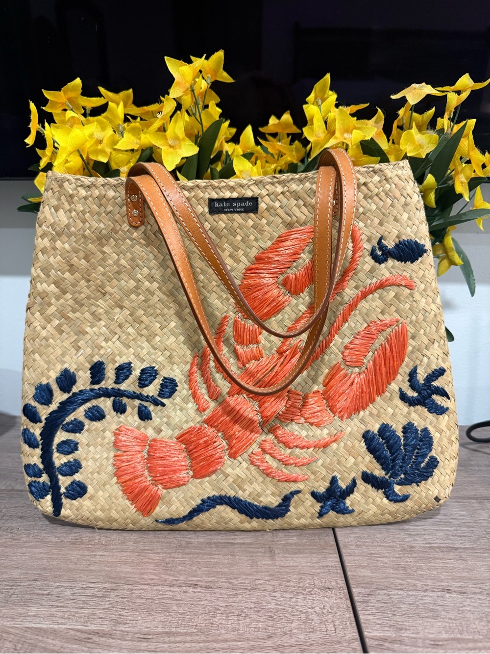 kate spade Coral & Navy Embroidered Straw Tote